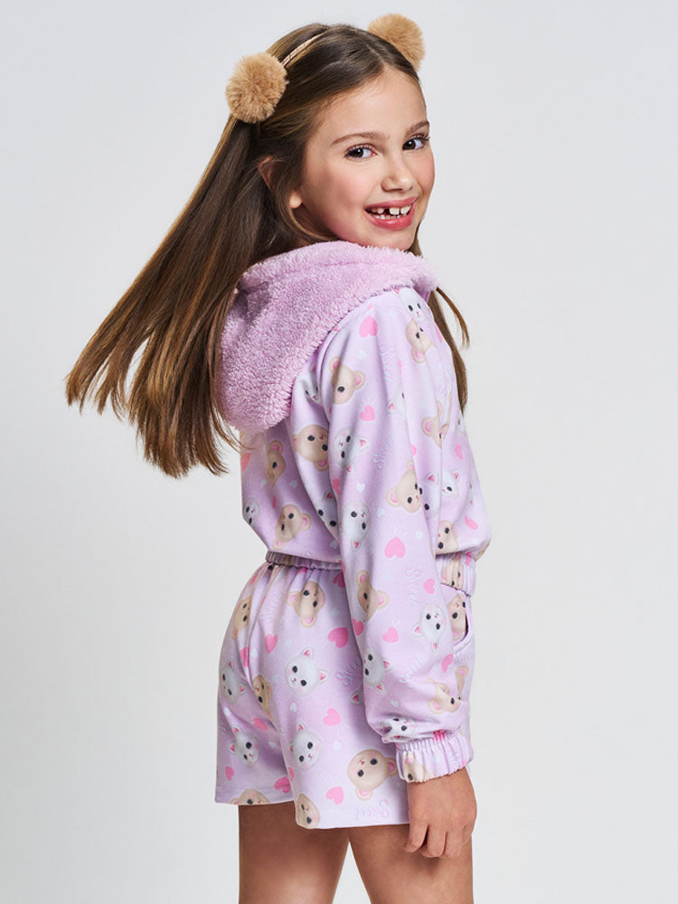 Conjunto Infantil Cinti Inverno com Shorts e Jaqueta Lilás Bichinhos Sweet