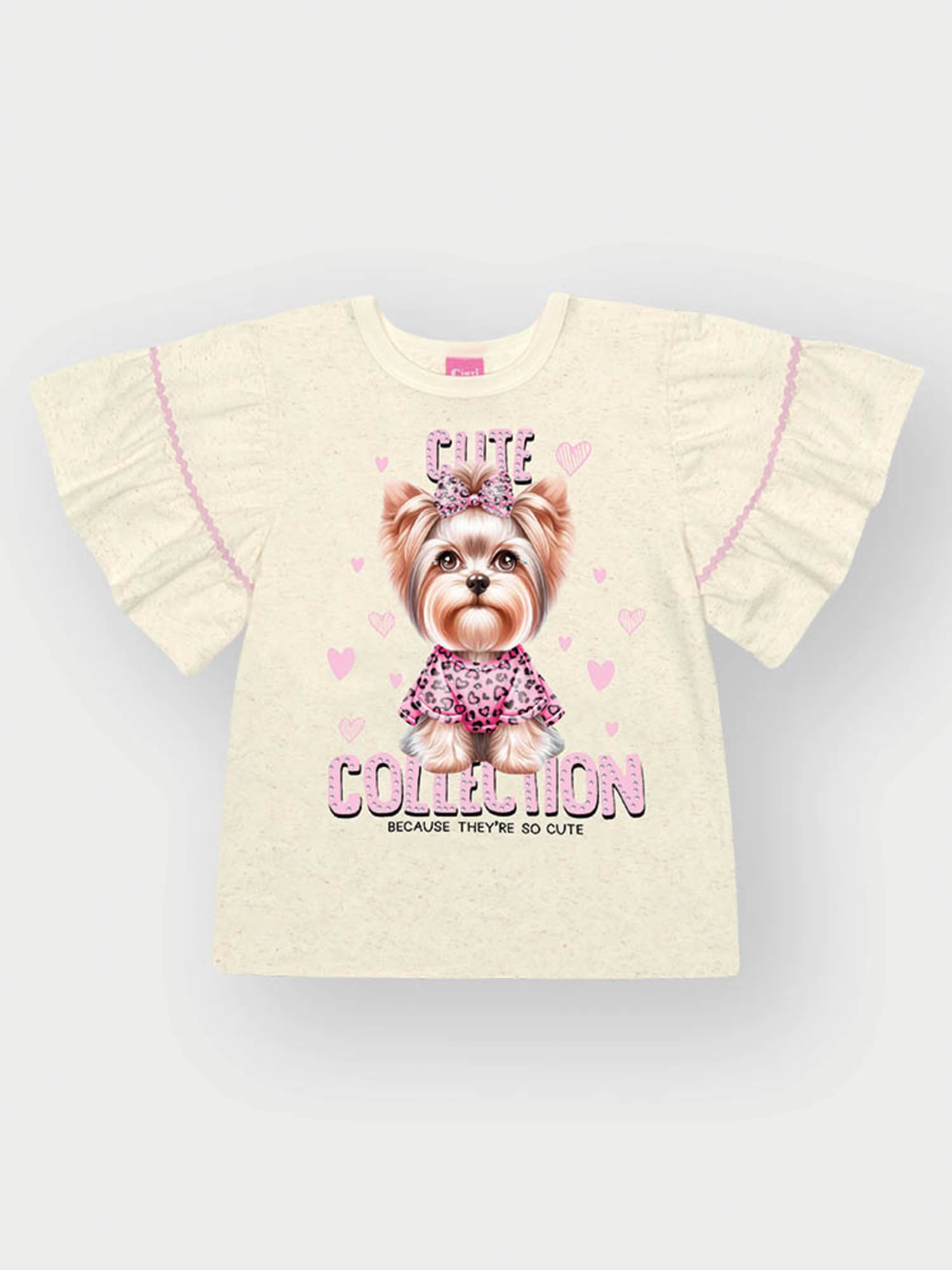 Conjunto Infantil Cinti Verão com Shorts Ciclista Rosa e Blusa Off White Cachorrinha