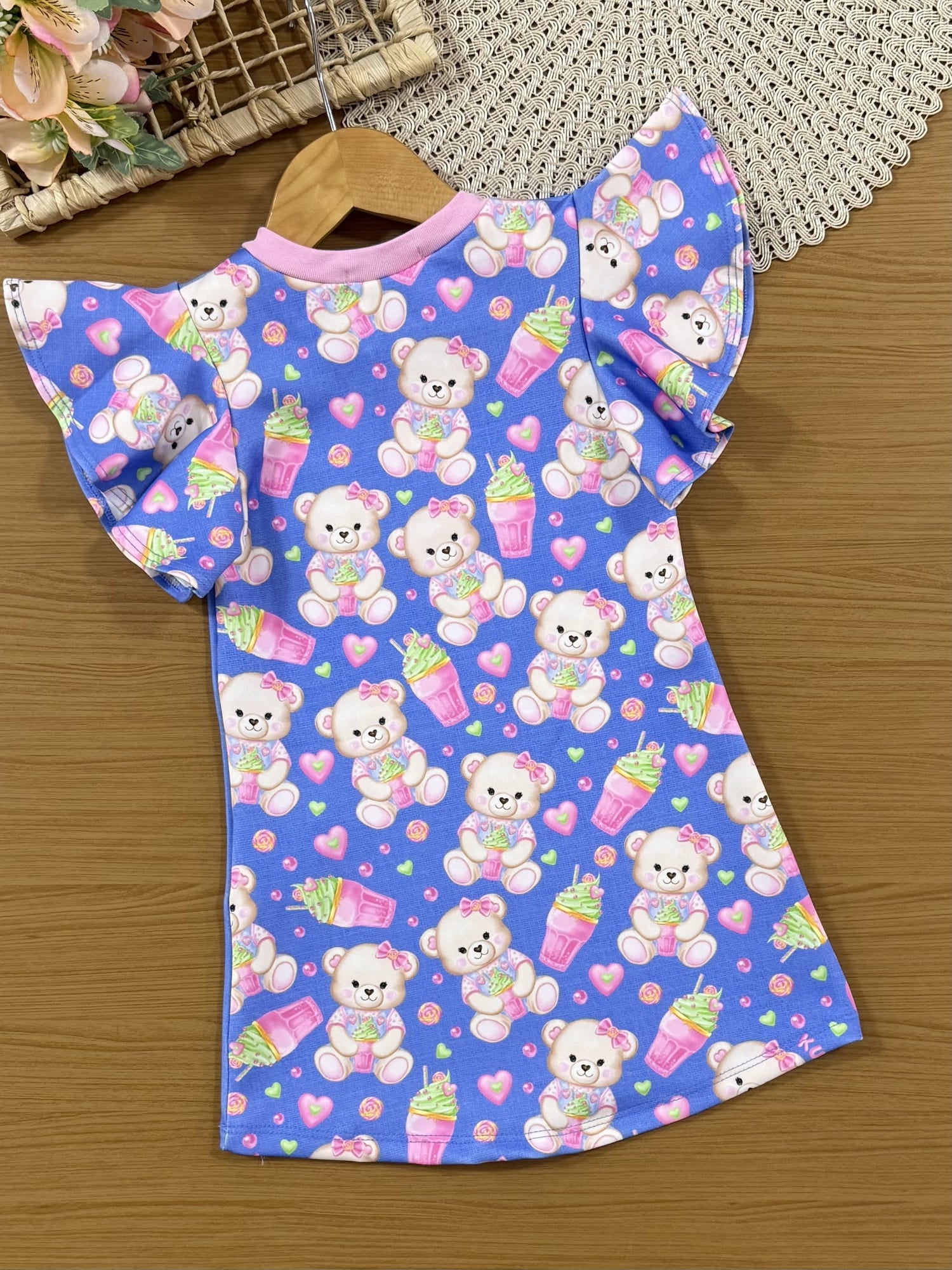 Vestido Infantil Kukiê Verão Azul Ursinha com Strass