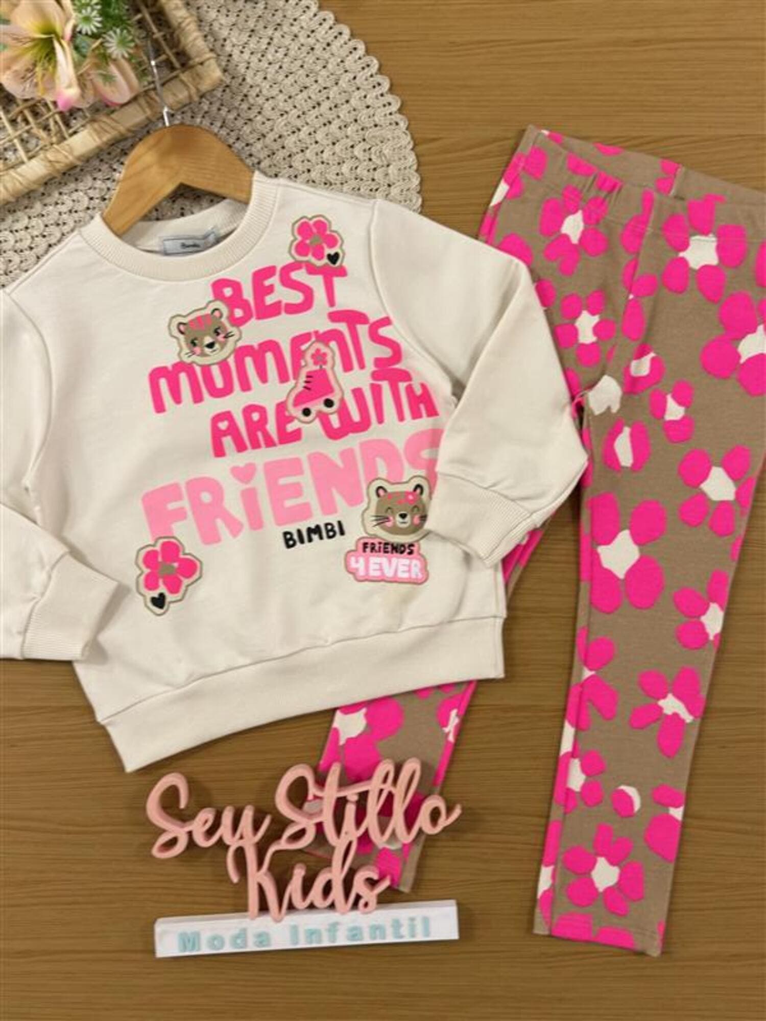 Conjunto Infantil Bimbi Inverno com Calça e Moletom sem Flanela Bege Friends