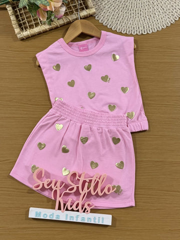Conjunto Infantil Cinti Verão com Shorts Saia e Blusa sem Mangas Rosa Corações