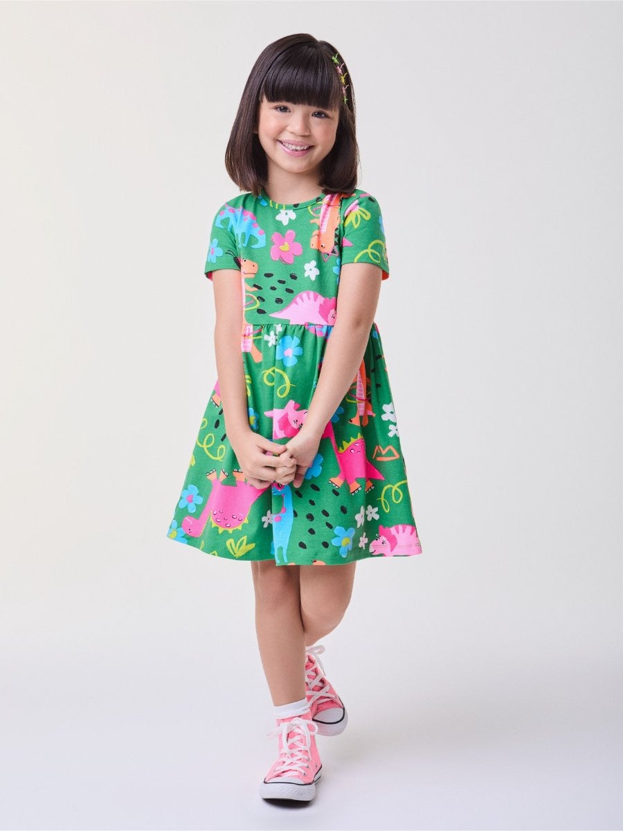 Vestido Infantil Bimbi Verão Verde Dinossauros