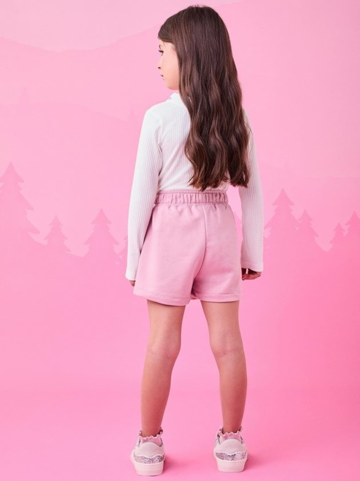 Conjunto Infantil Momi Inverno com Shorts Saia Rosa e Blusa Manga Longa Branca Lacinho