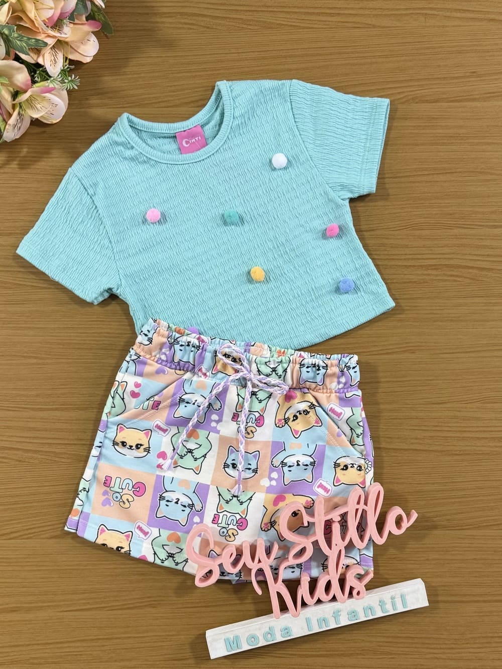 Conjunto Infantil Cinti Verão Shorts Saia e Blusa Azul Cute