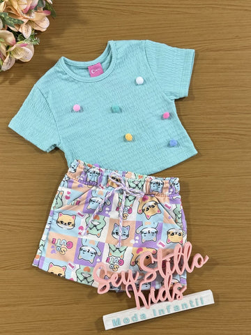 Conjunto Infantil Cinti Verão Shorts Saia e Blusa Azul Cute