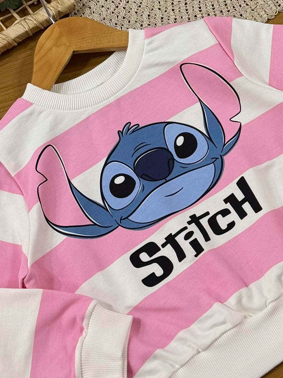 Moletom Infantil Momi Inverno sem Flanela Rosa e Branco Listrado Stitch