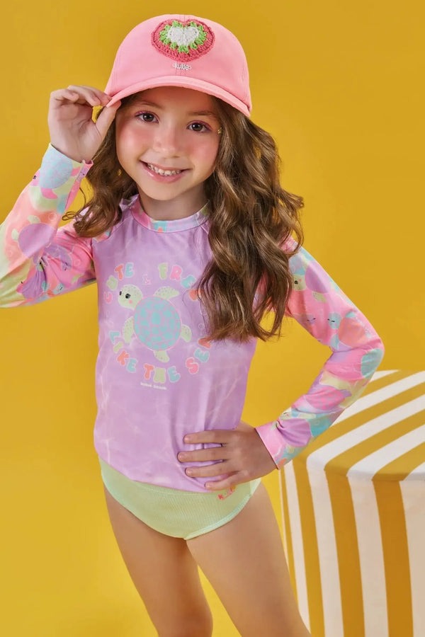 Biquíni Infantil Kukiê Verão Verde com Blusa Manga Longa Tartaruguinha