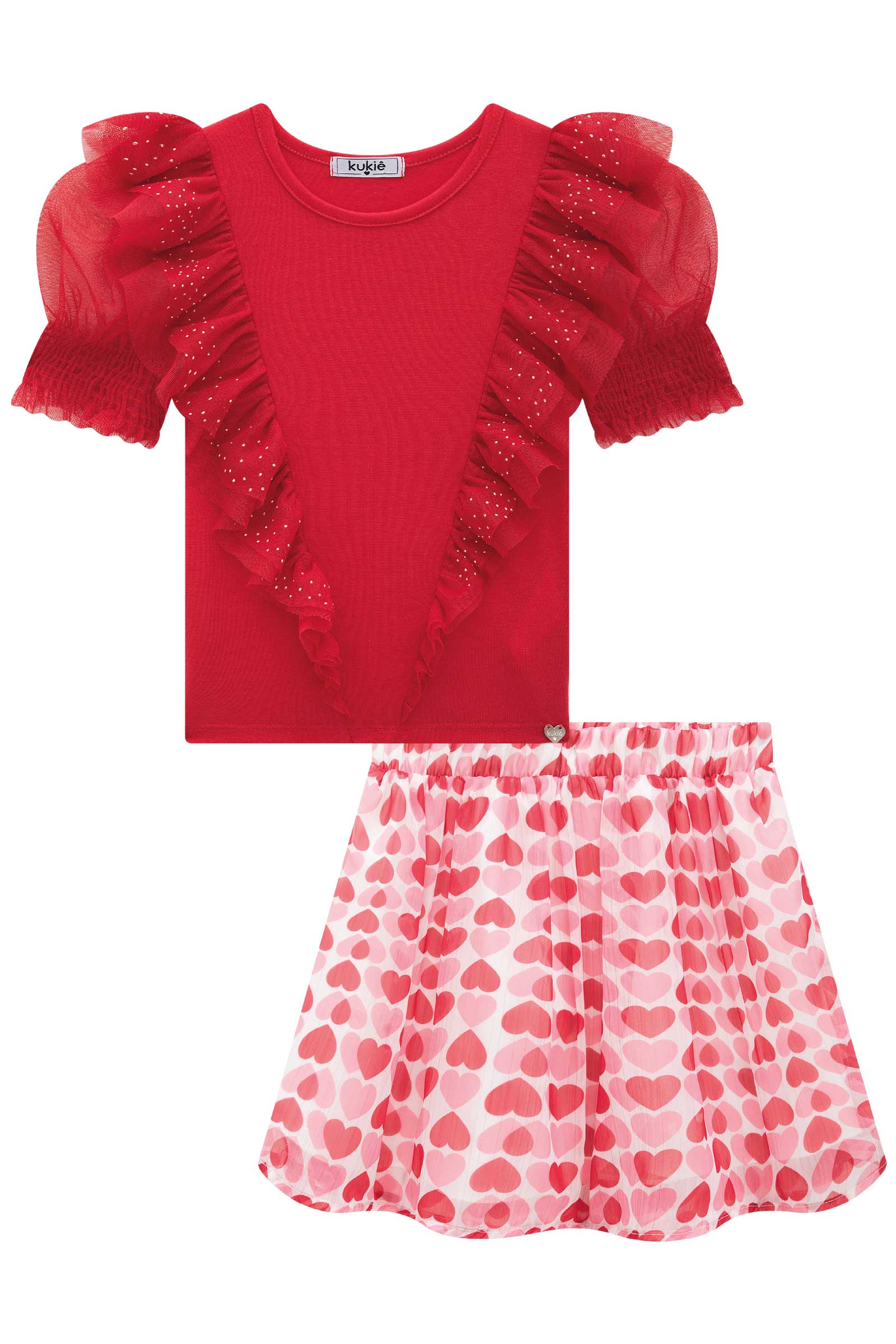 Conjunto Infantil Kukie Verão Com Saia Corações e Blusa Vermelha