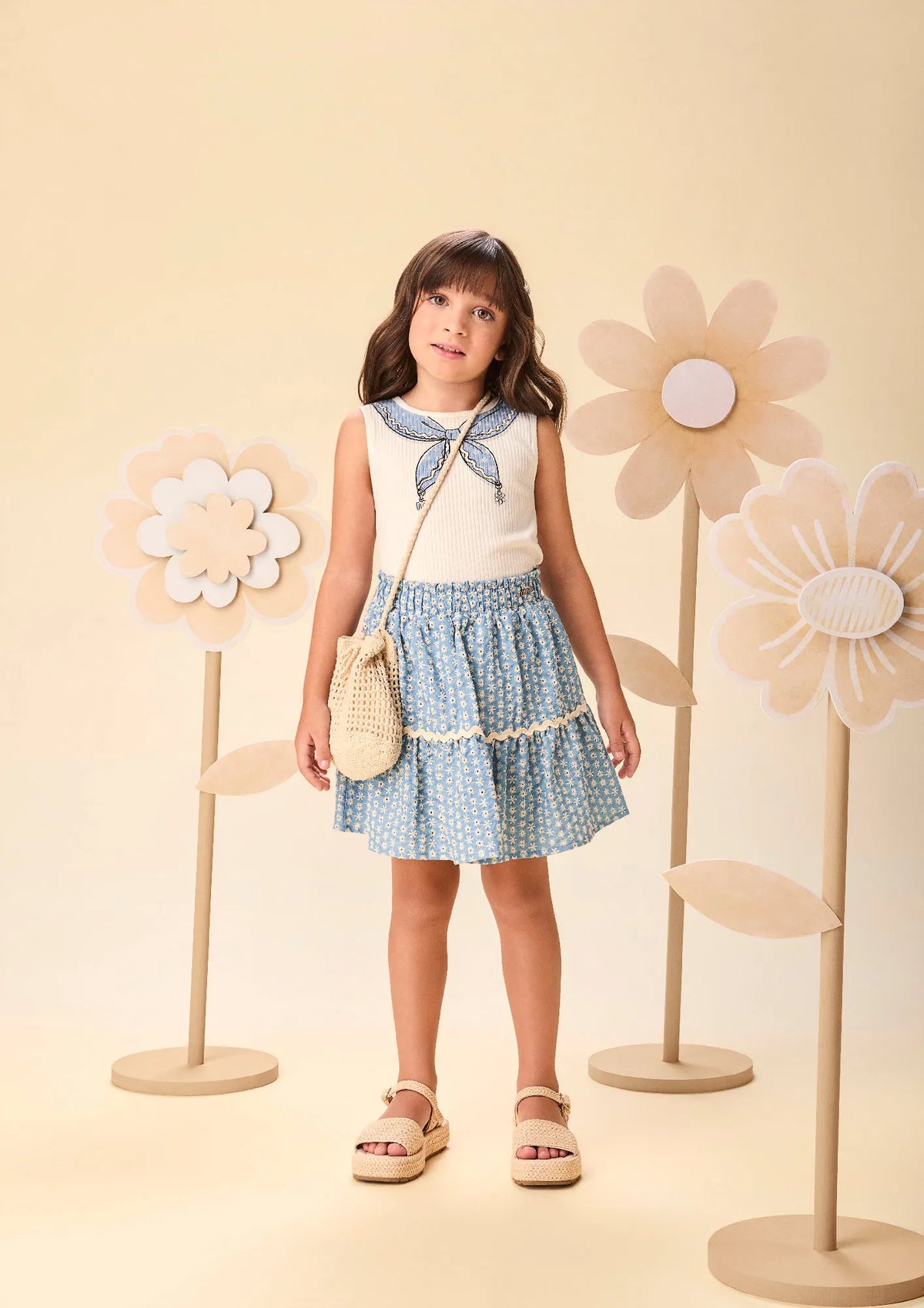 Conjunto Infantil Menina Momi Saia Laise Azul e Blusa Lacinho