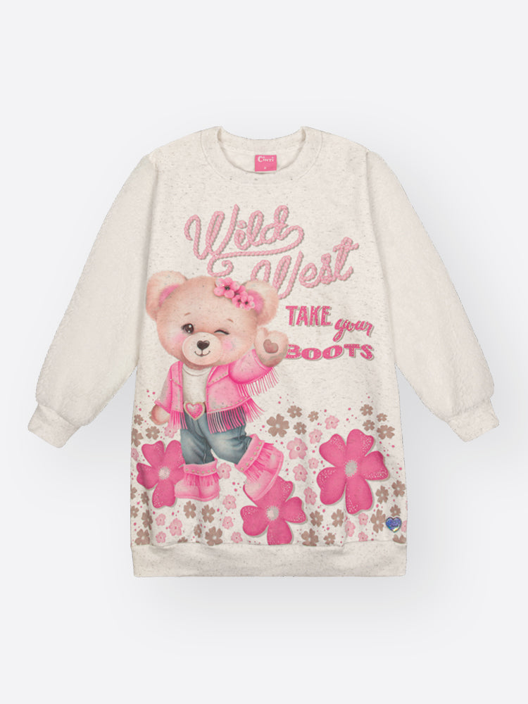 Vestido Infantil Cinti Inverno Off White Ursinha com Strass