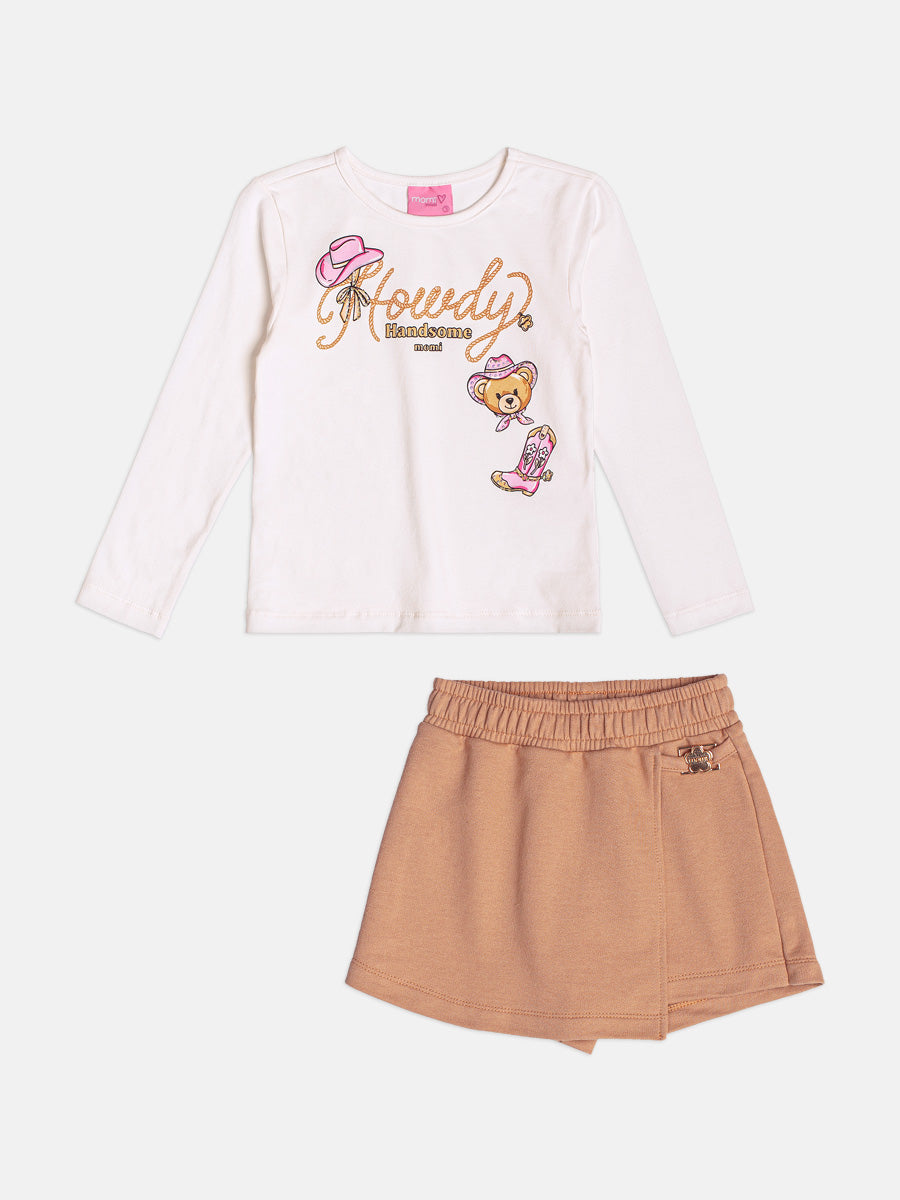 Conjunto Infantil Momi Inverno com Shorts Saia Bege e Blusa Manga Longa Ursinha Boiadeira