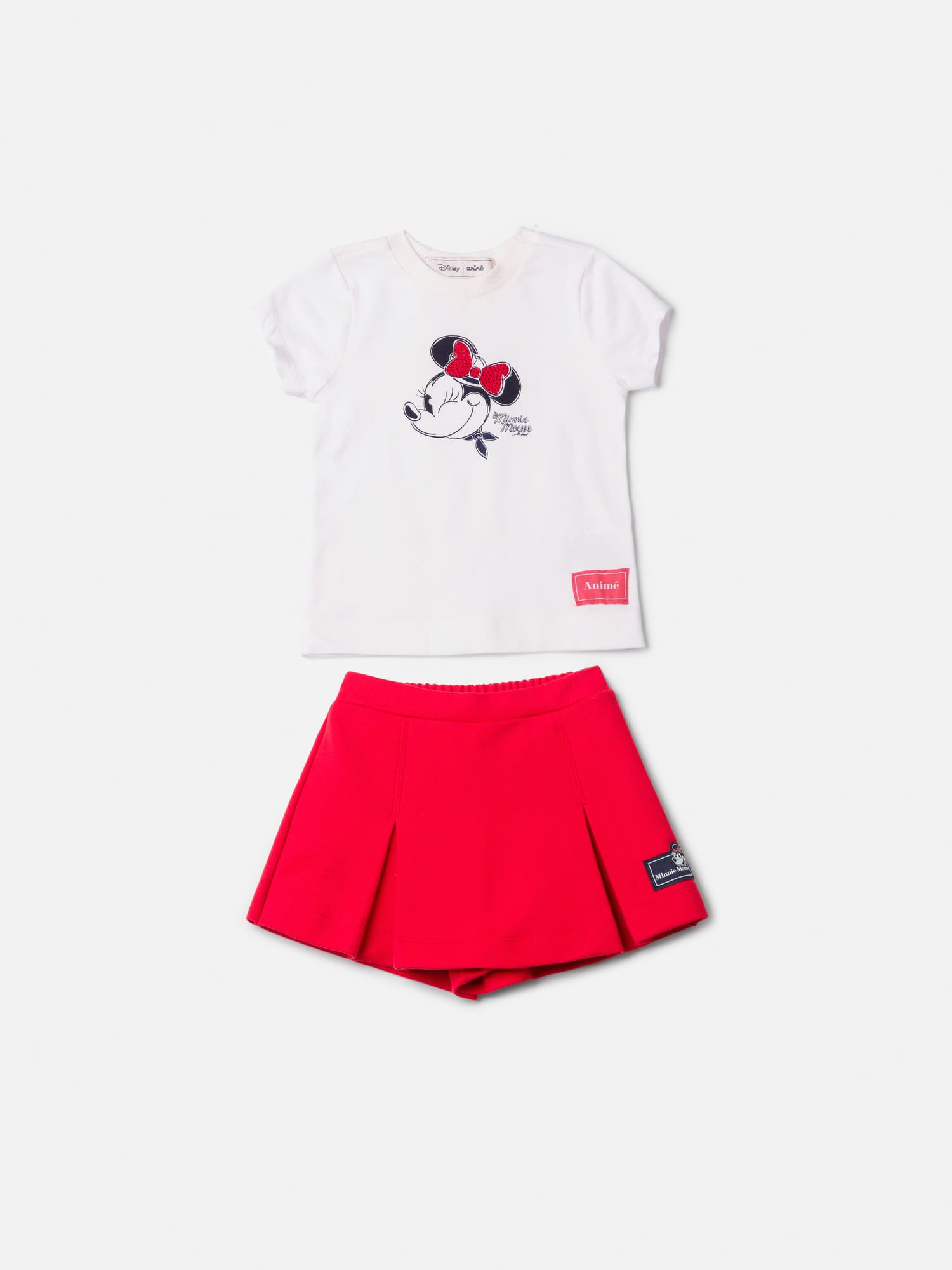 Conjunto Infantil Animê Verão com Shorts Saia Vermelho e Blusa Branca Minnie com Strass Disney