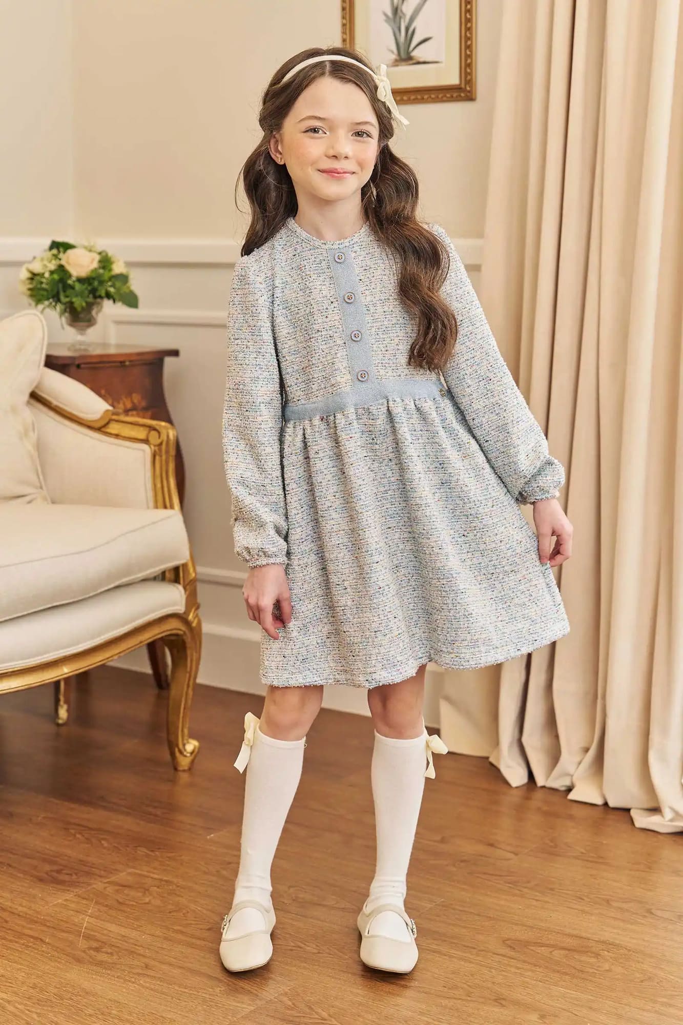 Meia Infantil 3/4 Kukie Inverno Off White Laço