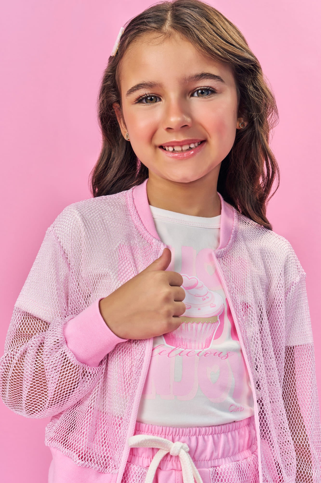 Conjunto Infantil Cinti Verão com Short-Saia, Blusa e Sobreposição em Tela Rosa Enjoy