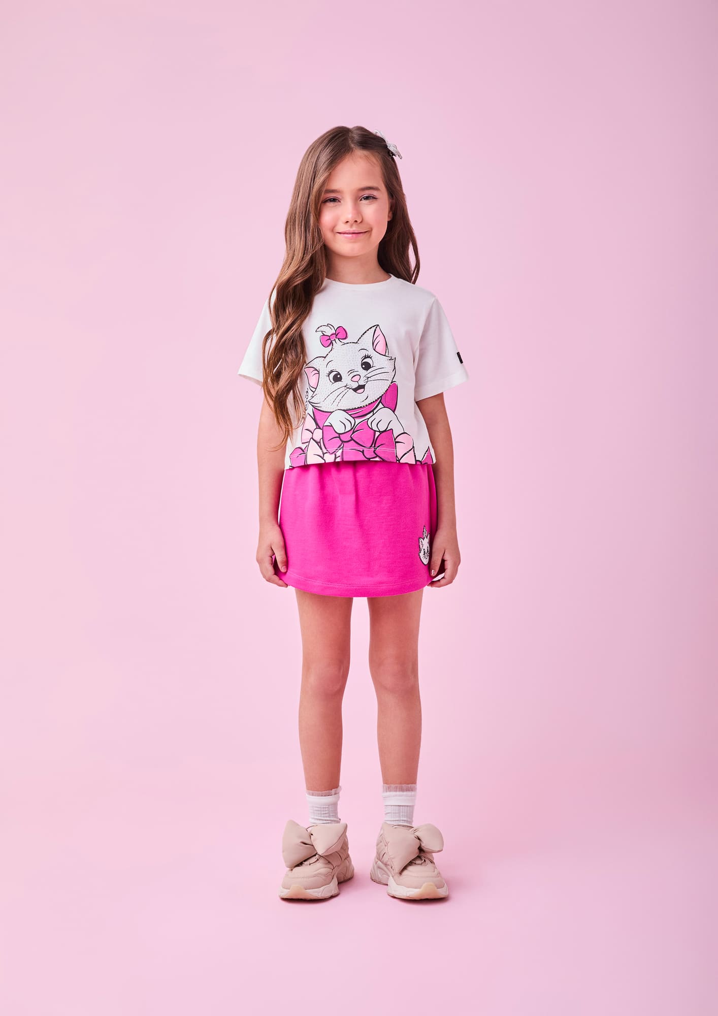 Conjunto Infantil Momi com Shorts Saia Rosa e Blusa Branca Marie com Strass Disney