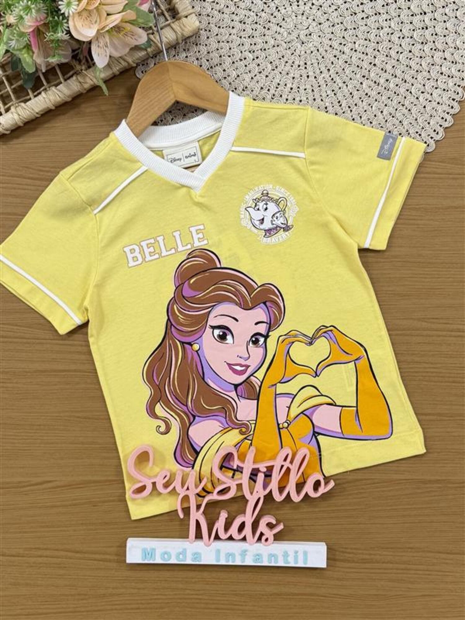 Blusa Infantil Animê Verão Amarela Princesa Bela Disney