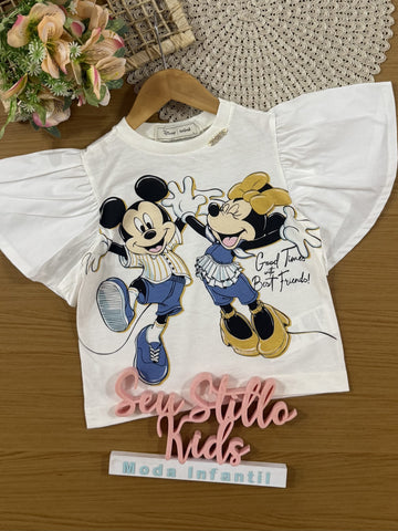 Blusa Infantil Animê Verão Branca Mickey e Amigos Disney