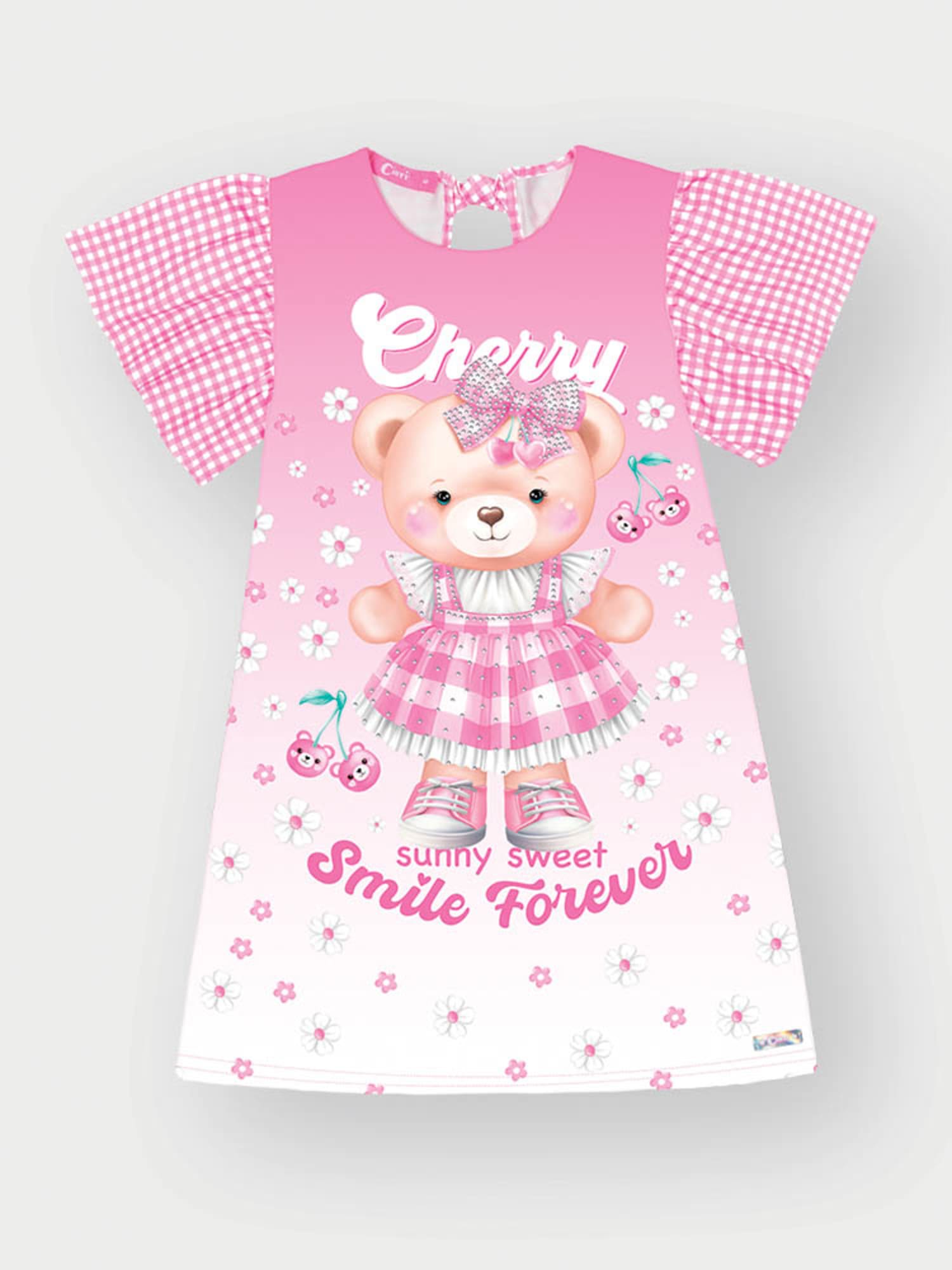 Vestido Infantil Cinti Verão Manga Curta Rosa Xadrez Ursinha Floral