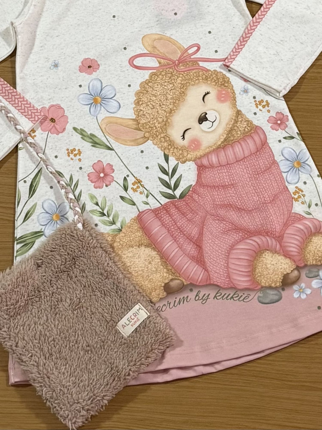 Vestido Infantil Kukiê Alecrim Inverno Off White Lhama com Bolsinha