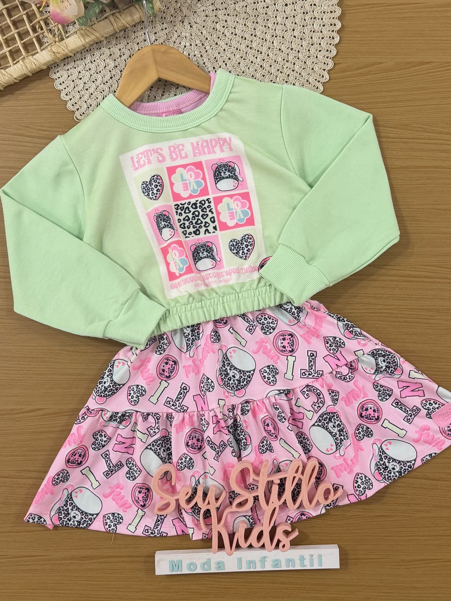 Vestido Infantil Cinti Inverno Rosa com Moletom sem Flanela Verde Happy
