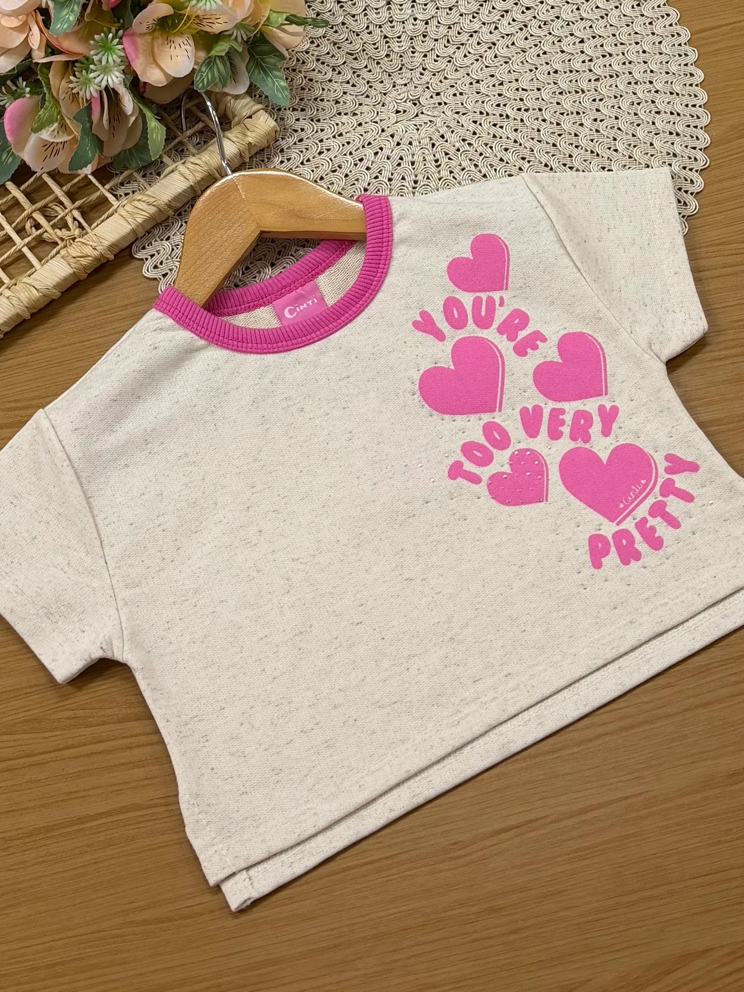 Conjunto Infantil Cinti Inverno com Shorts Rosa e Blusa Manga Curta Coraçãoes