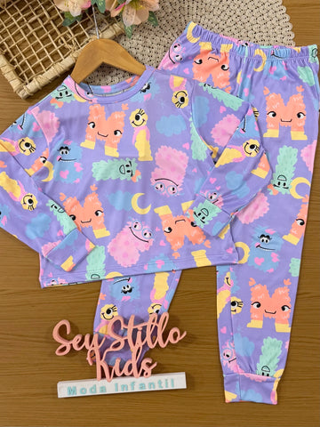 Pijama Infantil Bimbi Inverno com Calça e Blusa Manga Longa Lilás Monstrinhos