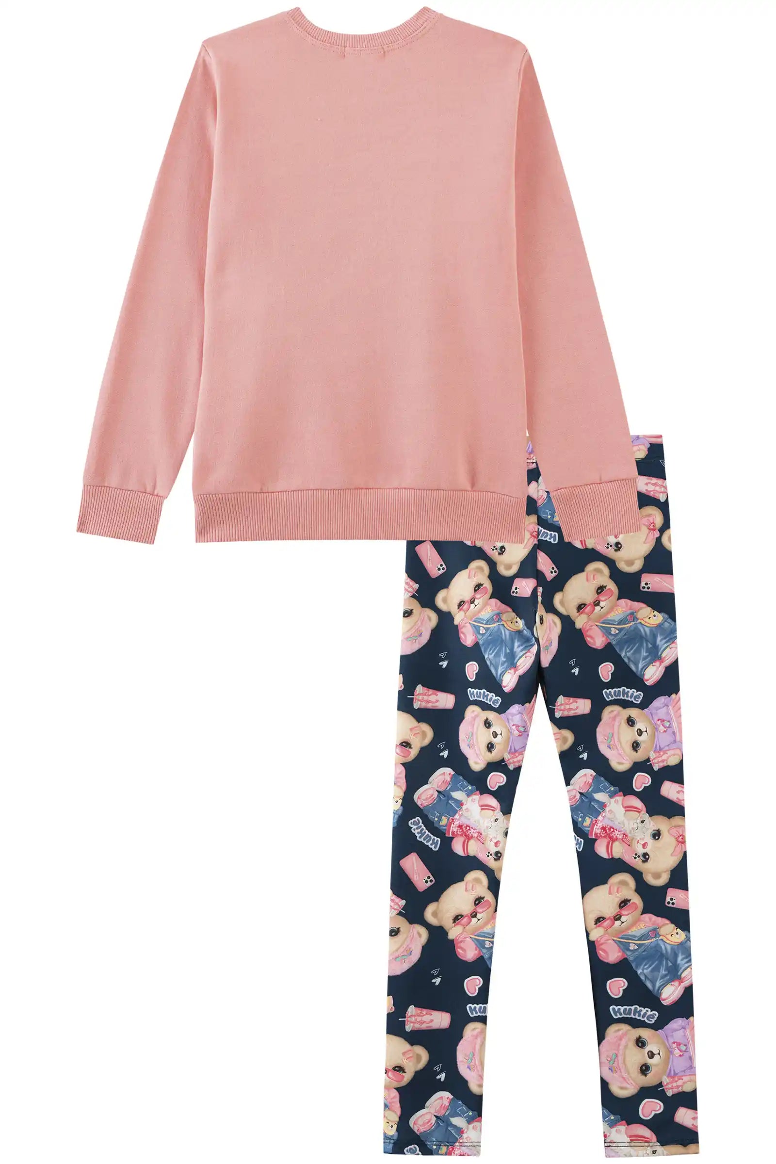 Conjunto Infantil Kukiê Inverno com Calça Legging Azul e Moletom Flanelado Ursinha Selfie