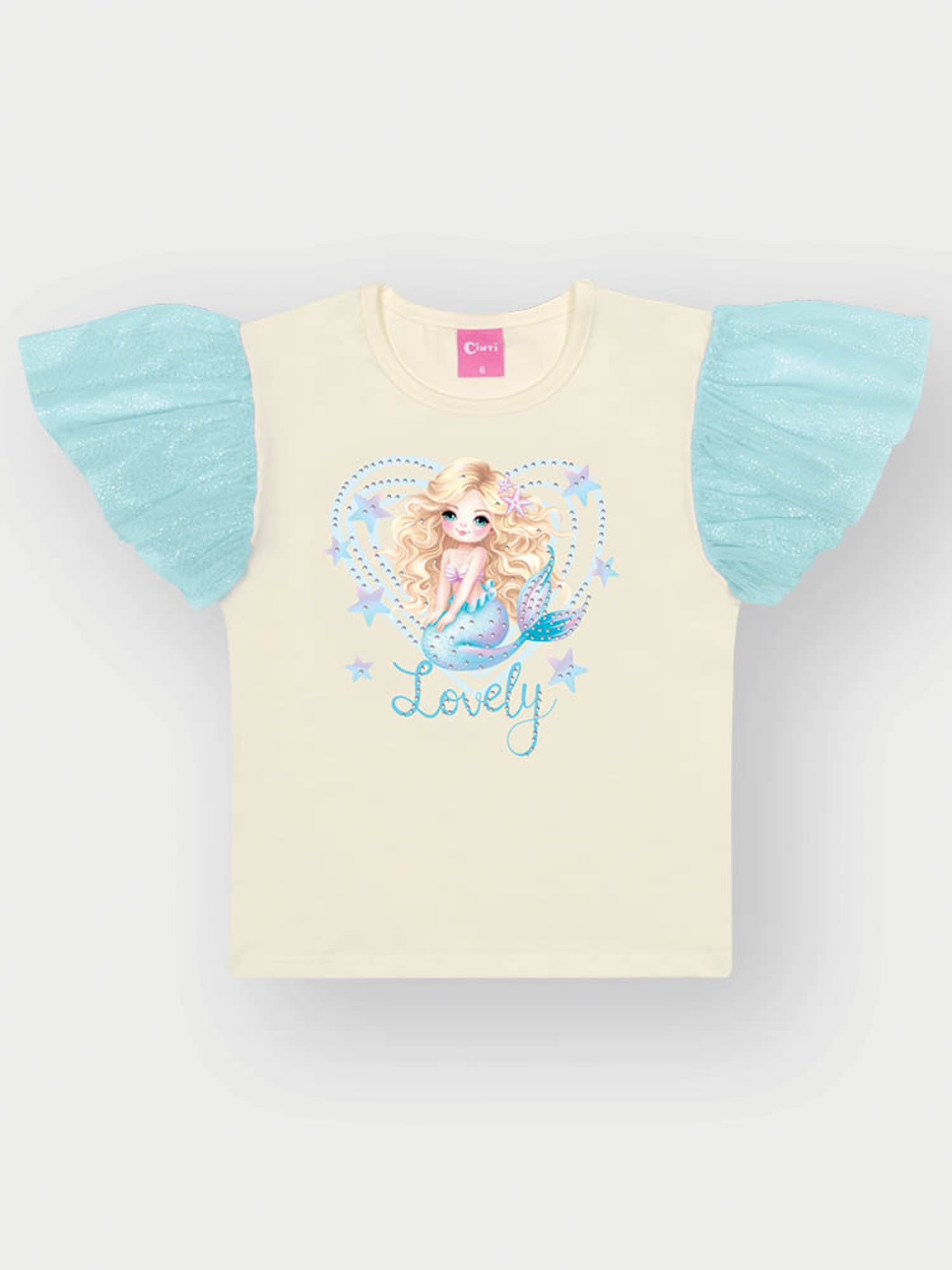 Conjunto Infantil Cinti Verão com Saia Azul em Tule e Blusa Branca Sereia
