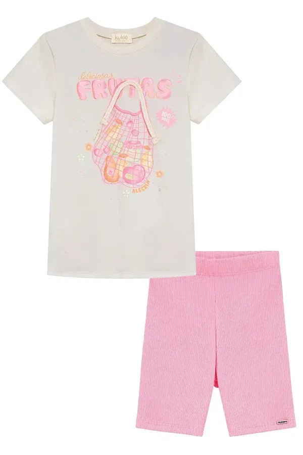 Conjunto Infantil Menina Kukiê com Shorts Ciclista Rosa e Blusa Frutinhas