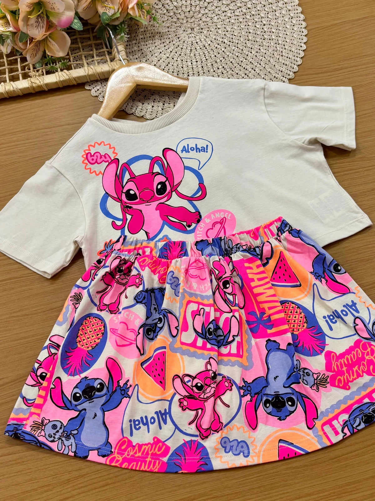 Conjunto Infantil Menina Bimbi com Saia e Blusa Bege Angel Aloha Disney
