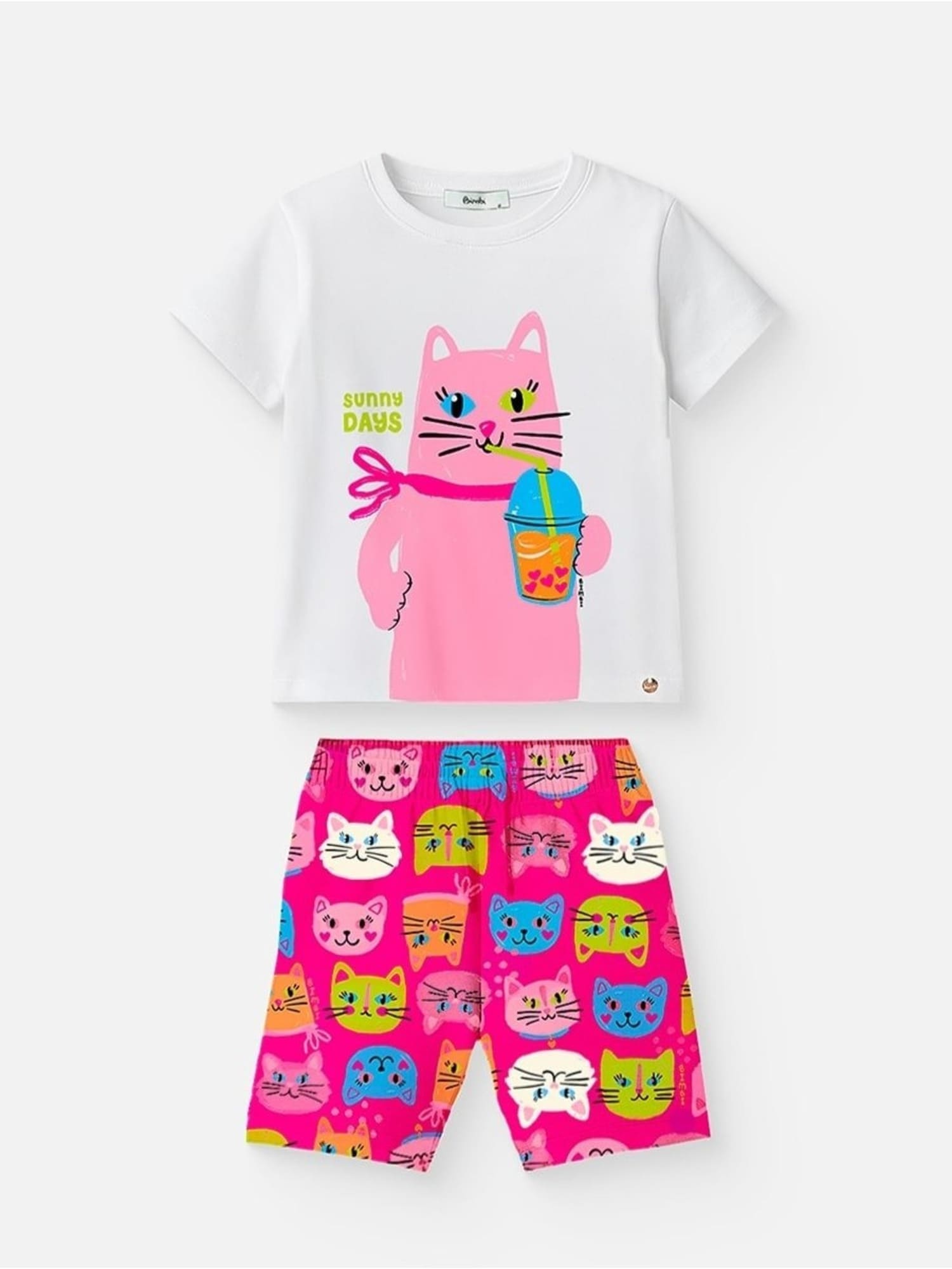 Conjunto Infantil Bimbi Verão com Shorts Ciclista Rosa e Blusa Branca Gatinha
