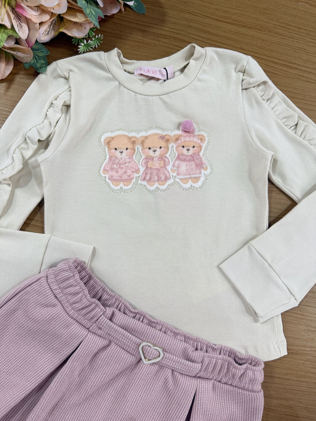 Conjunto Infantil Kukiê Inverno Short Saia e Blusa Bege Ursinhos