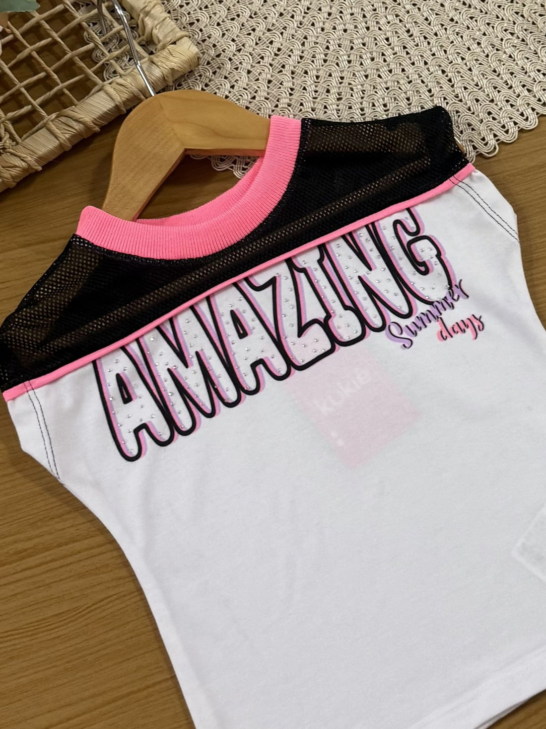 Conjunto Infantil Kukiê Verão com Short Preto e Blusa Branca com Strass Fashion