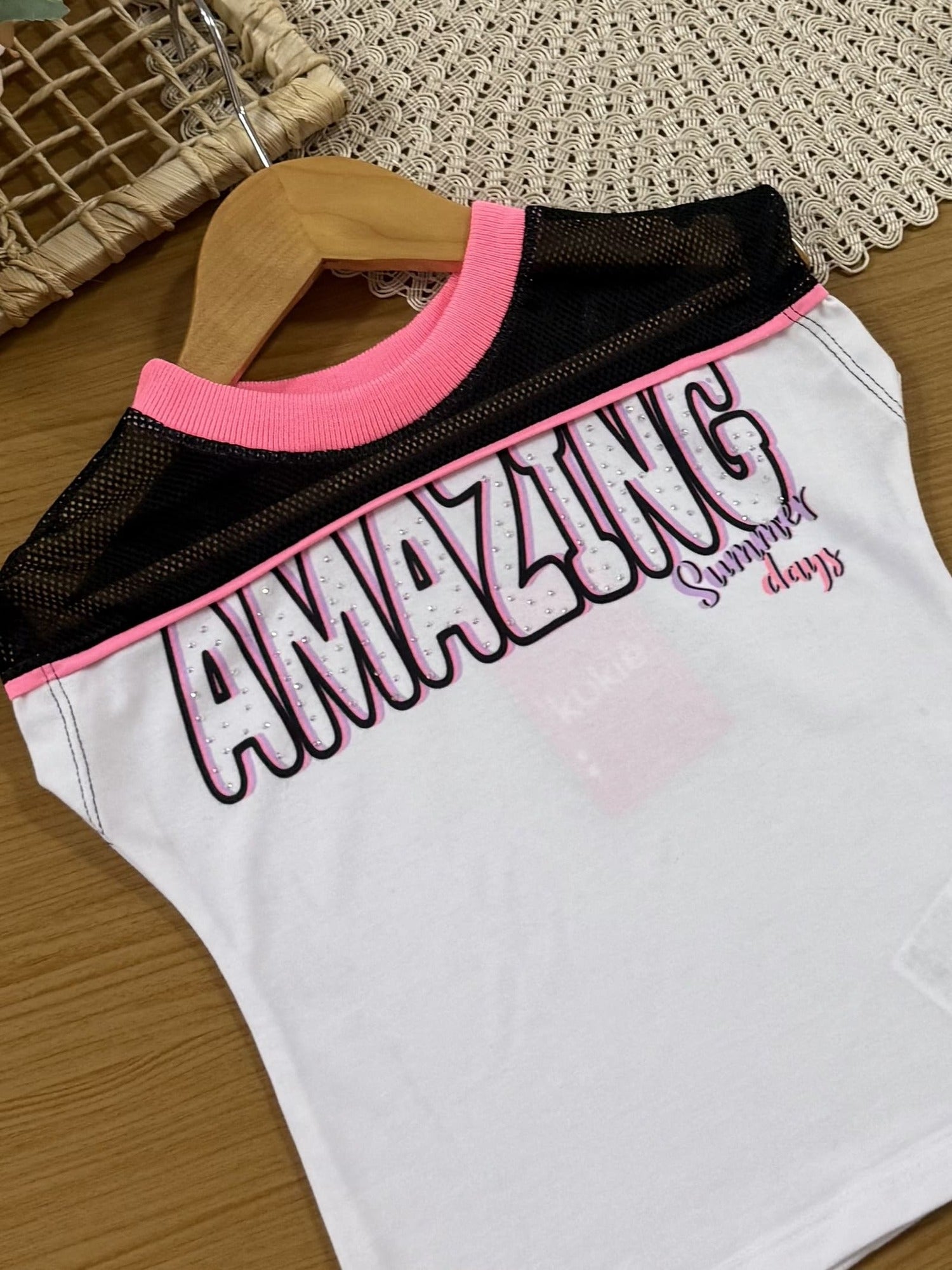 Conjunto Infantil Kukiê Verão com Short Preto e Blusa Branca com Strass Fashion