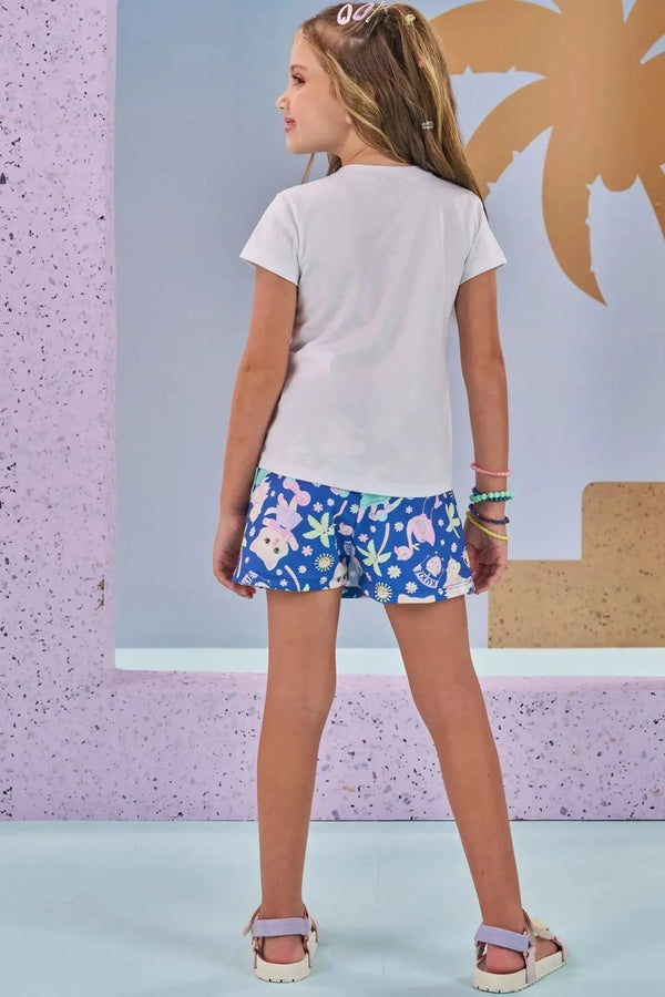 Conjunto Infantil Kukiê Verão com Shorts Saia Azul e Blusa Branca Frutinhas