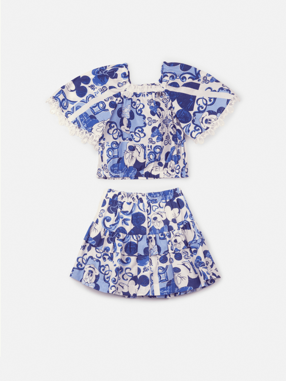 Conjunto Infantil Animê Verão Saia e Blusa Azul Minnie e Mickey Disney