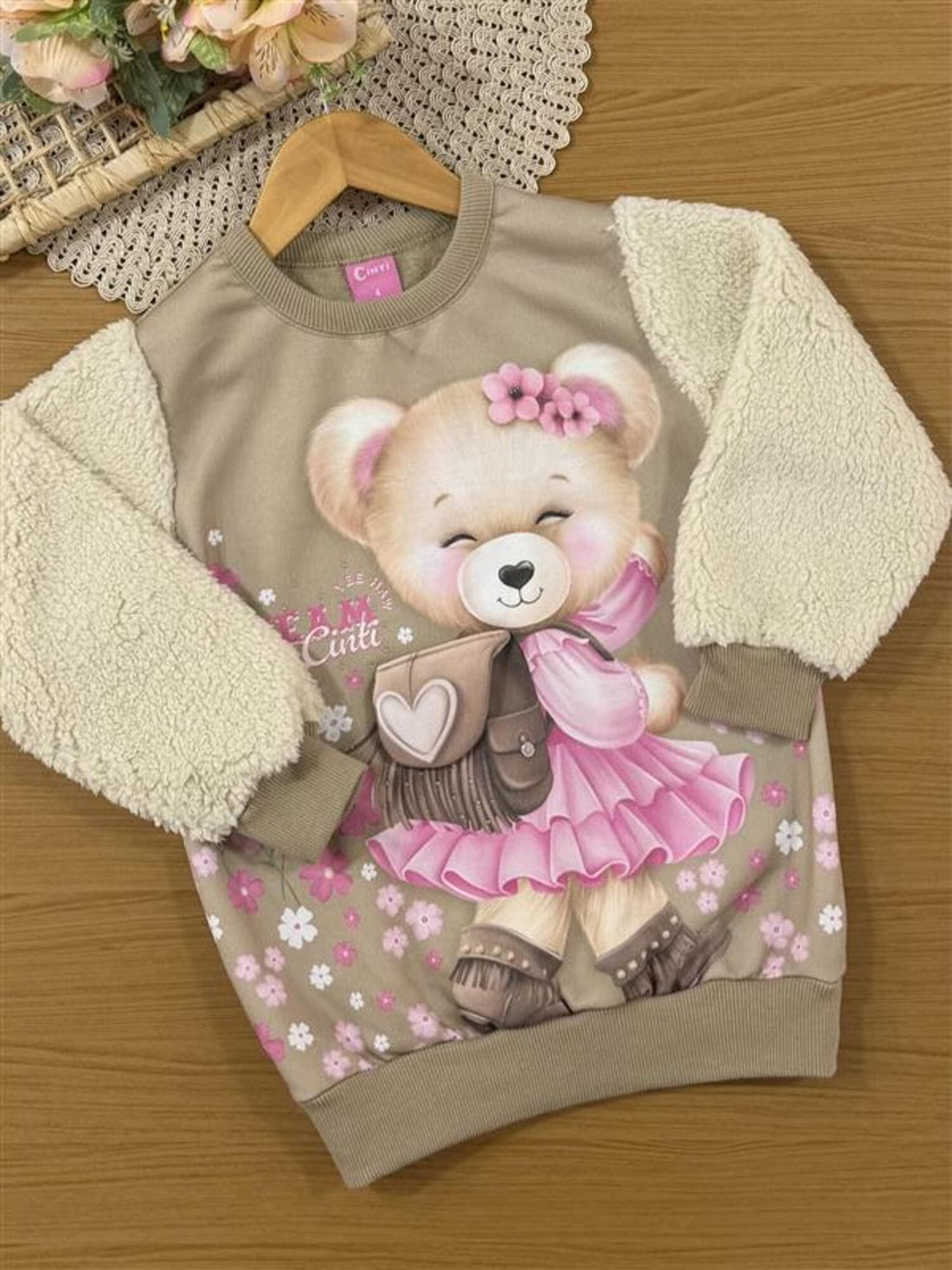 Conjunto Infantil Cinti Inverno com Calça Legging e Moletom Flanelado Bege Ursinha