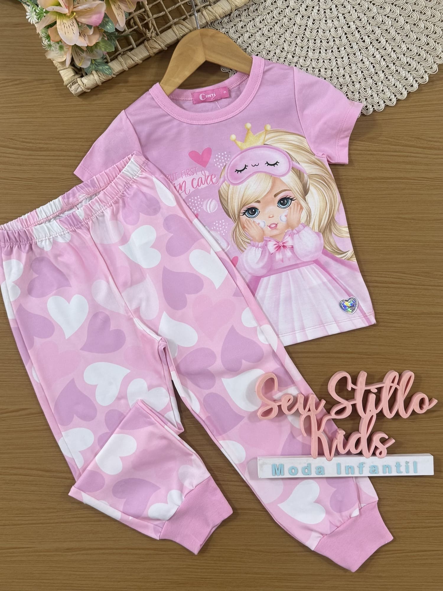 Pijama Infantil Cinti Verão com Calça e Blusa Rosa Princesinha Hora de Dormir