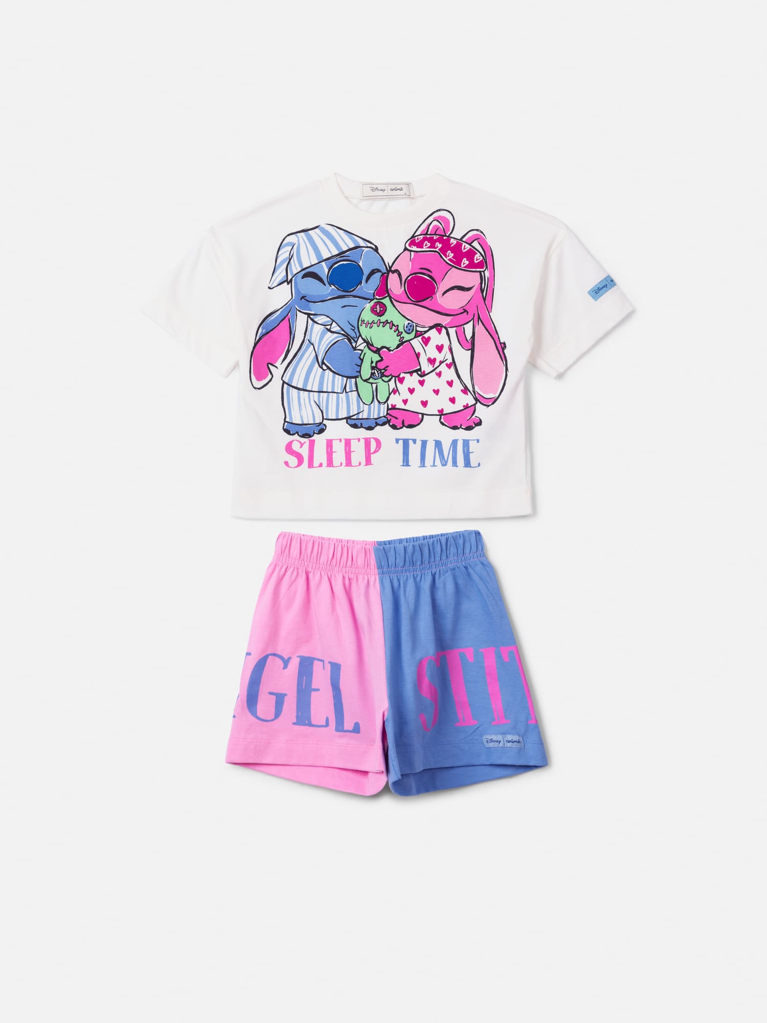 Pijama Infantil Animê Verão com Shorts Colorido e Blusa Branca Angel e Stitch Disney