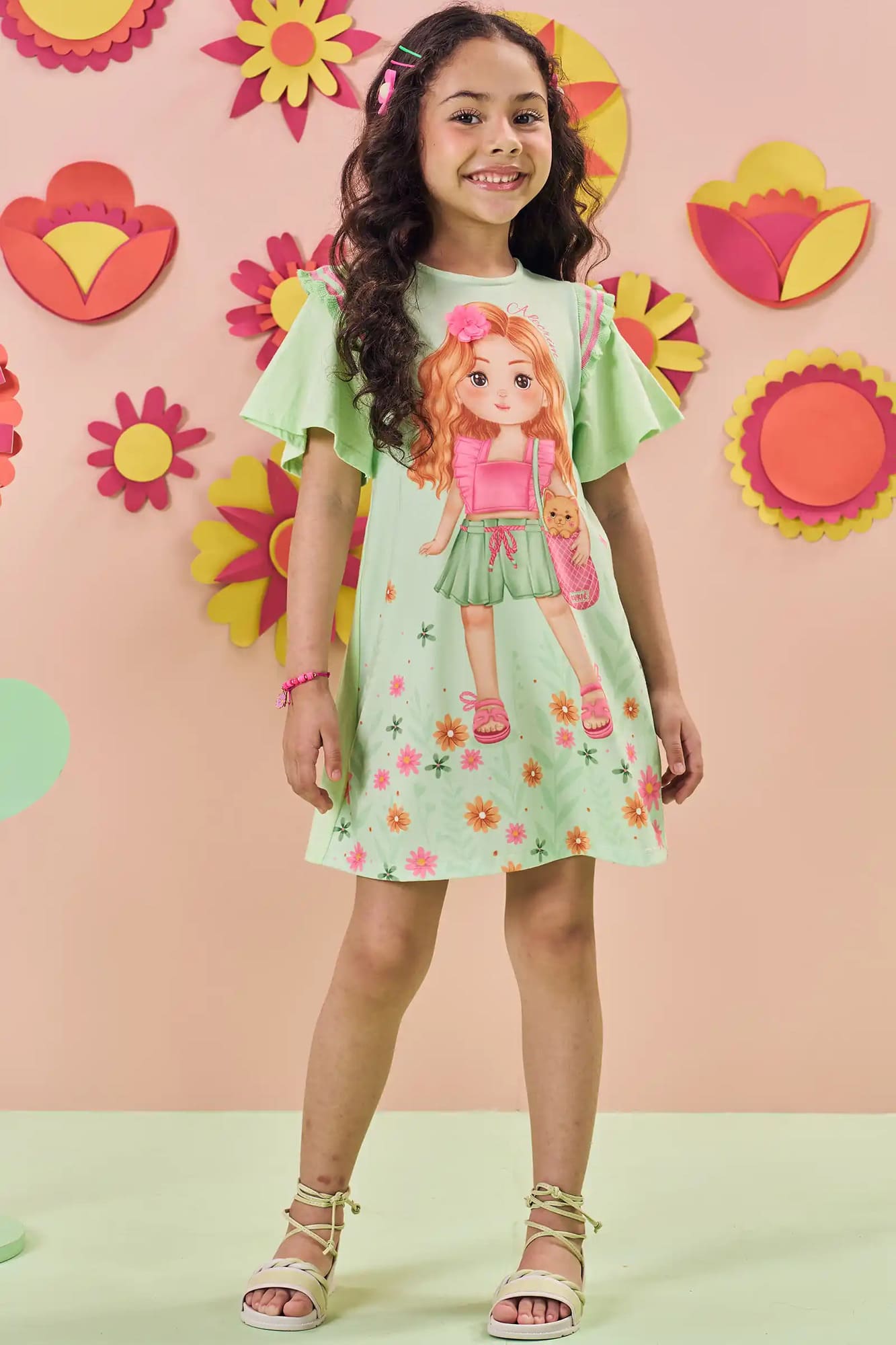 Vestido Infantil Kukiê Verão Verde Menininha Floral