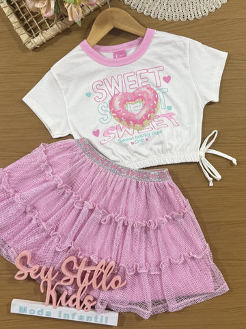 Conjunto Infantil Cinti Verão com Saia Rosa em Tela e Blusa Branca Rosquinha