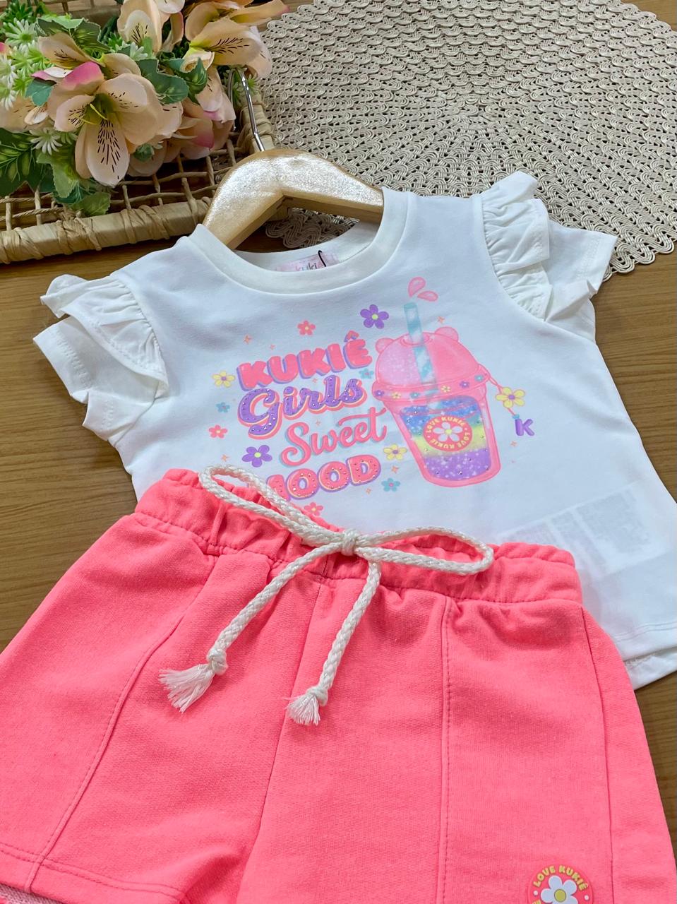 Conjunto Infantil Menina Kukiê com Shorts Rosa e Blusa Milk Shake