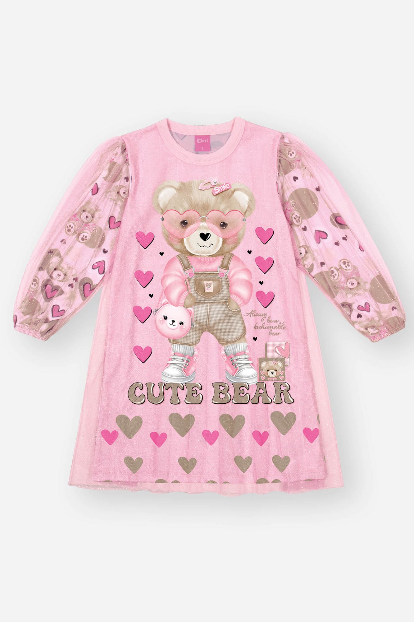 Vestido Infantil Cinti Inverno Rosa com Sobreposição em Tule Glitter