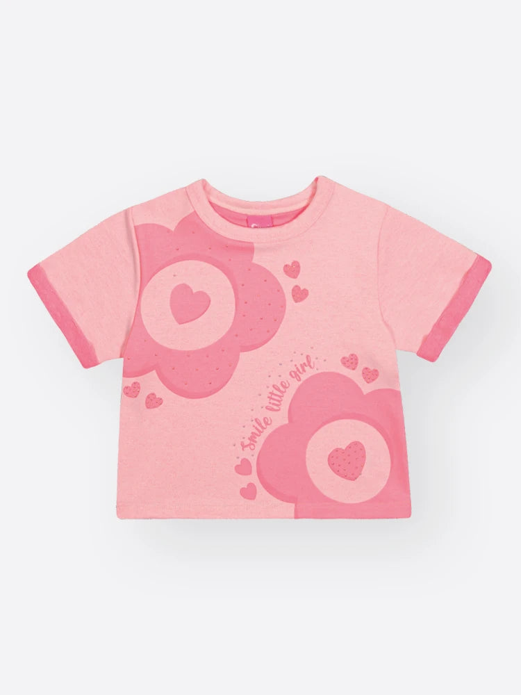 Conjunto Infantil Cinti Inverno com Shorts e Blusa Manga Curta Rosa Corações Strass