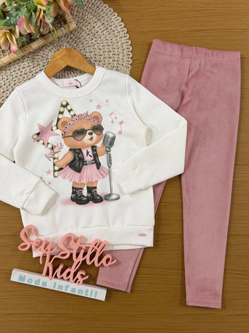 Conjunto Infantil Kukiê Inverno com Calça Legging Rosa e Moletom Flanelado Ursinha Cantora