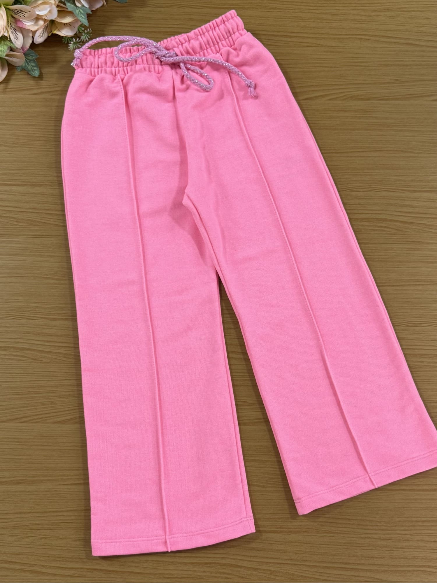 Conjunto Infantil Kukie Inverno Calça Wide Leg Rosa Casaco Ursinhos