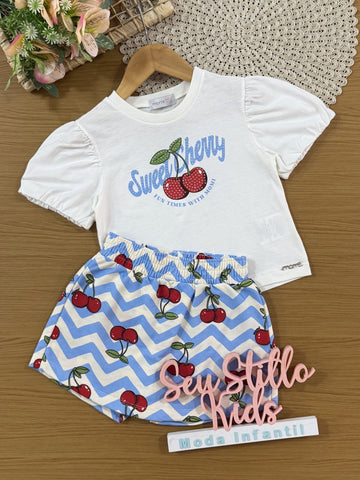 Conjunto Infantil Momi Verão com Short-Saia Azul Listrado e Blusa Branca Cerejinha