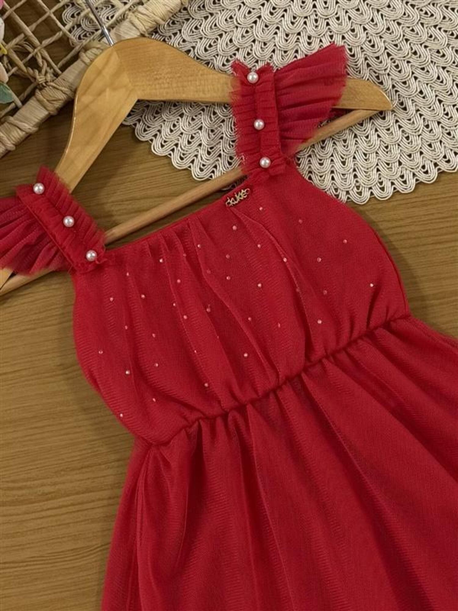 Vestido Infantil Kukiê Verão Vermelho com Tule e Strass