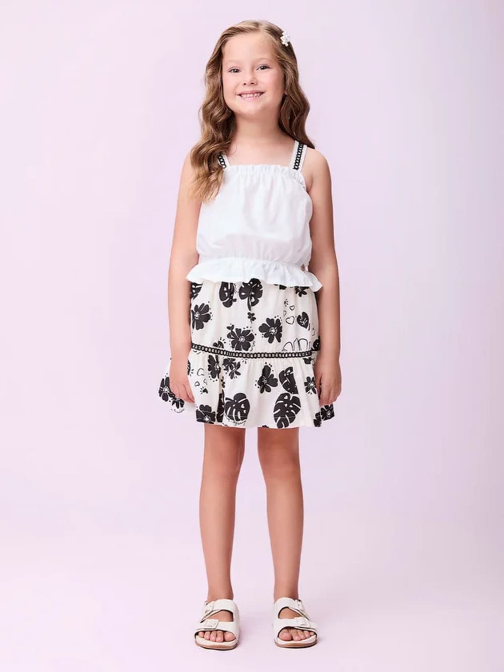 Conjunto Infantil Momi Verão Saia Floral Preta e Blusa