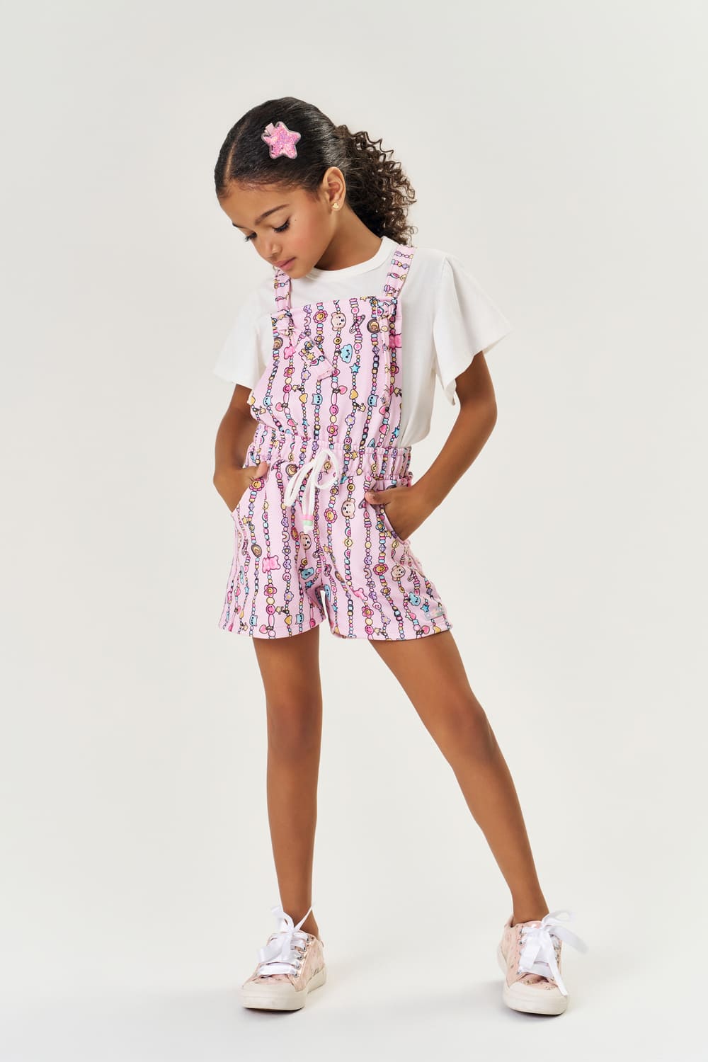 Jardineira Infantil Cinti Verão Rosa e Blusa Off White